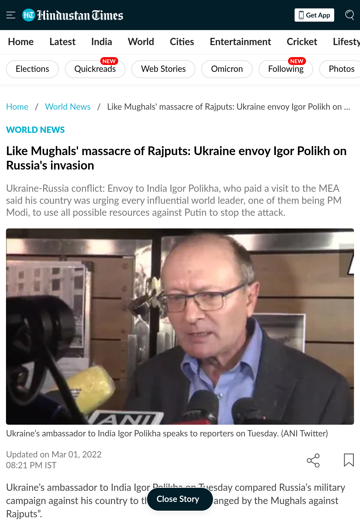 Hindustan Times - Ukraine envoy compares Russian Invasion to Mughals massacre of Rajputs